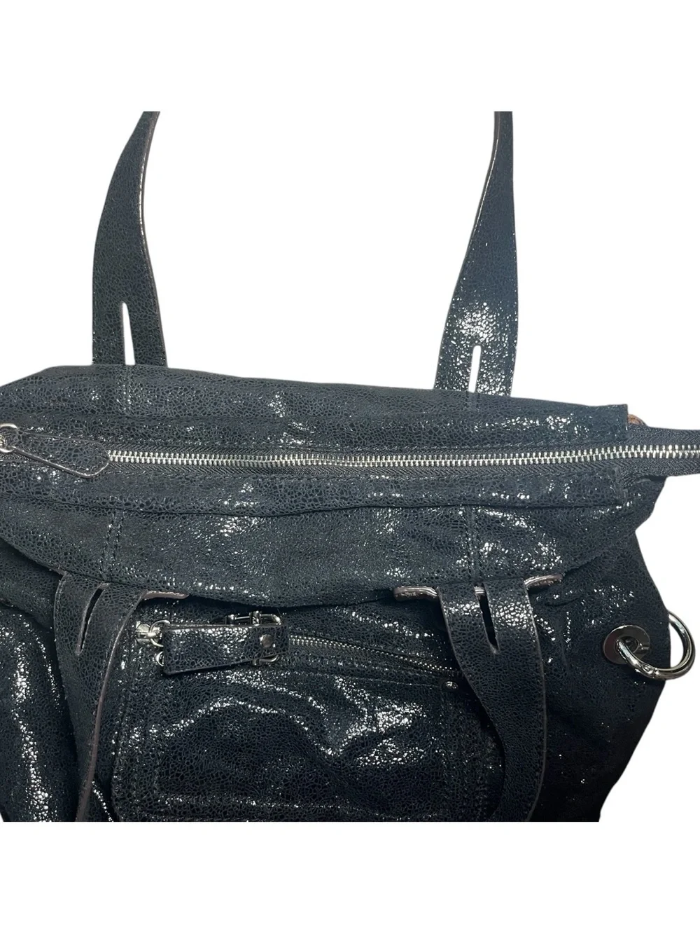 B. Makowsky Black Crackle Shimmer Genuine Leather Hobo Shoulder Bag | Y2K